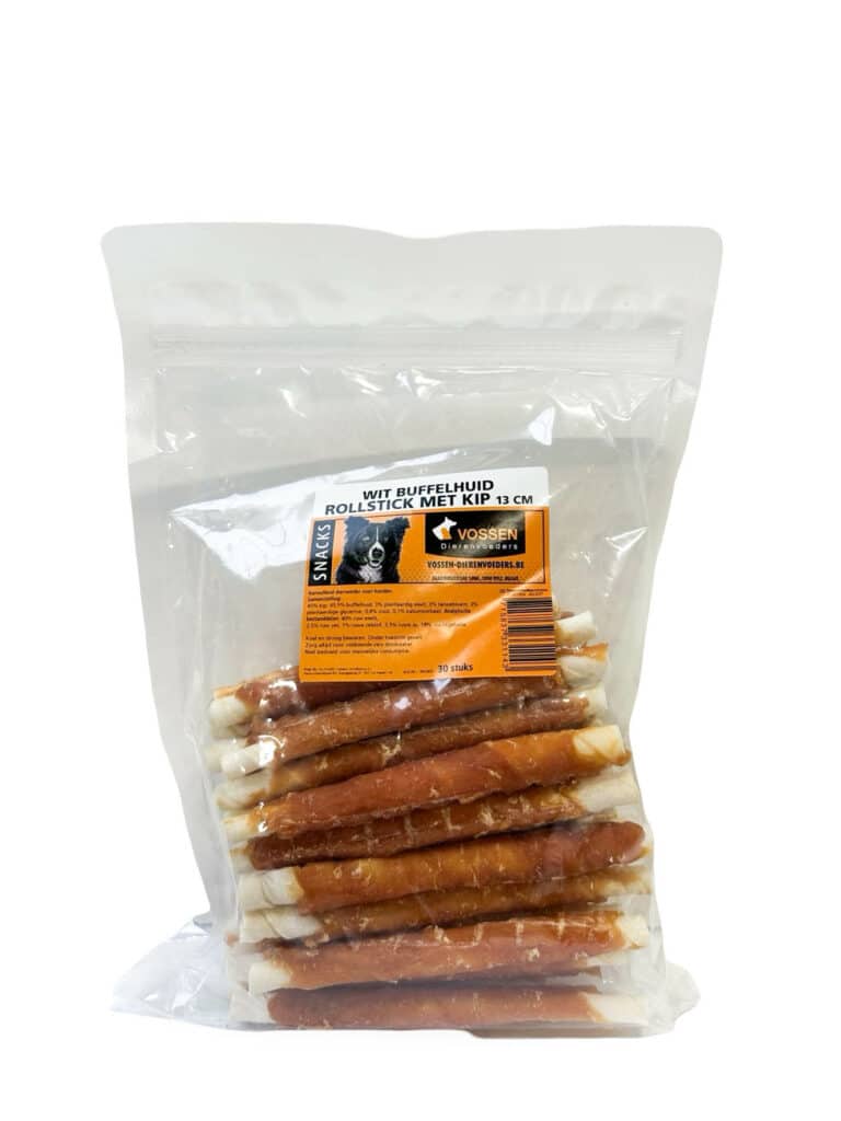 Witte buffelhuid rollstick 13cm met kip 30pack